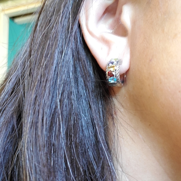 Effy Bridge Gemstones Multistone SS 1 7/8 Multi Huggies Earrings - Picture 6 of 7